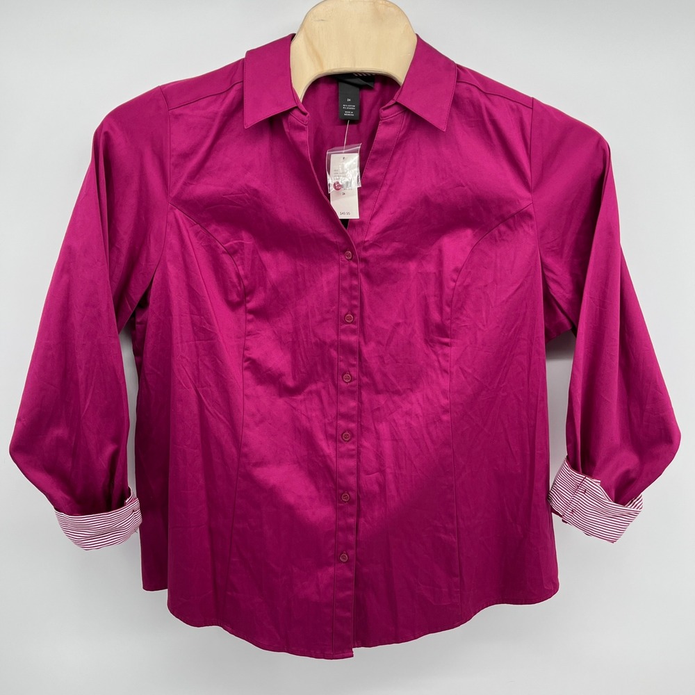 Lane Bryant Button Down Shirt Women 24 Magenta Pink New Contrast Cuff Stretch
